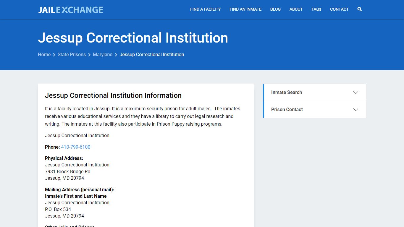 Jessup Correctional Institution Inmate Search, MD - Jail Exchange